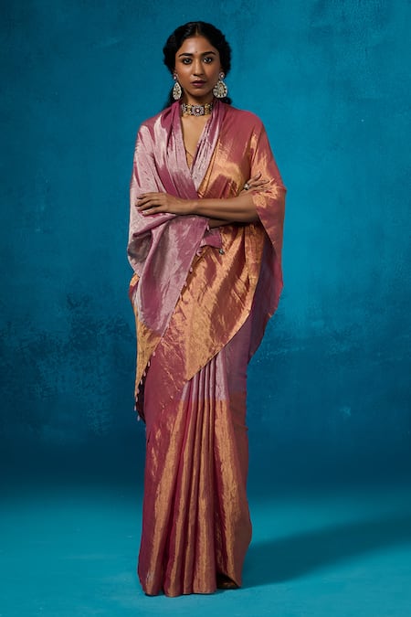 Buy_Dressfolk_Pink Handloom Cotton Handwoven Tissue Saree With Running Blouse_Online_at_Aza_Fashions