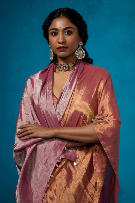Shop_Dressfolk_Pink Handloom Cotton Handwoven Tissue Saree With Running Blouse_Online_at_Aza_Fashions