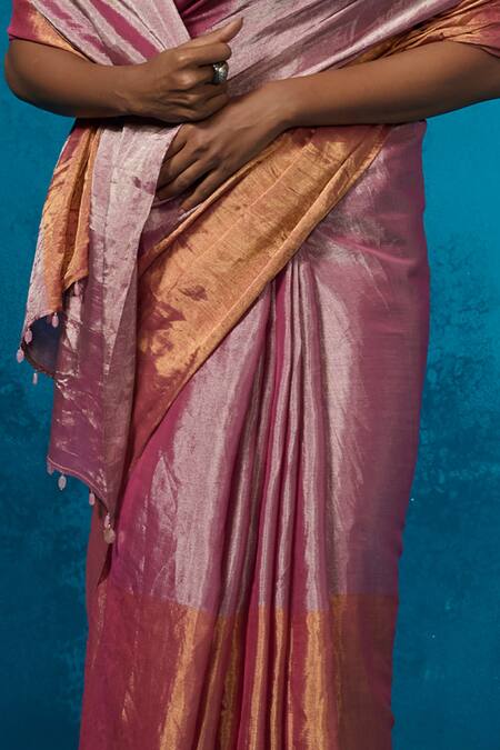 Dressfolk_Pink Handloom Cotton Handwoven Tissue Saree With Running Blouse_at_Aza_Fashions