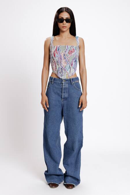 Doh Tak Keh_Multi Color Soft Cotton Hand Embroidery Crystals Square Neck Pydhonie Corset_Online_at_Aza_Fashions