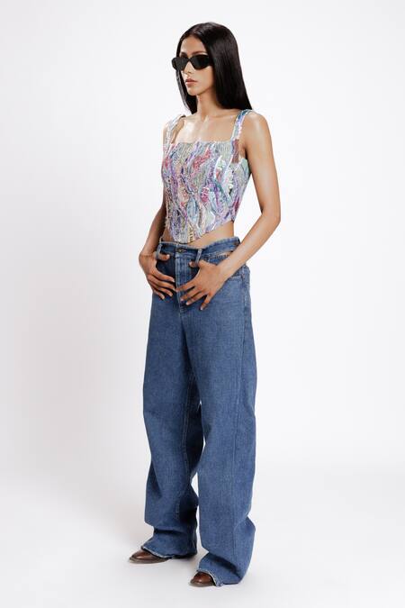 Buy_Doh Tak Keh_Multi Color Soft Cotton Hand Embroidery Crystals Square Neck Pydhonie Corset_Online_at_Aza_Fashions