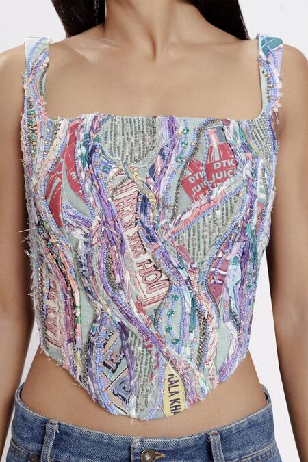 Shop_Doh Tak Keh_Multi Color Soft Cotton Hand Embroidery Crystals Square Neck Pydhonie Corset_Online_at_Aza_Fashions