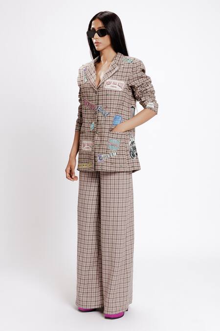 Buy Doh Tak Keh Brown Soft Cotton Embellished Crystal Double Notch Passa Embroidered Blazer Online at Aza Fashions Buy_Doh Tak Keh_Brown Soft Cotton Embellished Crystal Double Notch Passa Embroidered Blazer_Online_at_Aza_Fashions