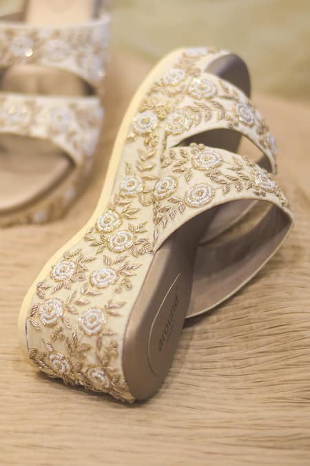 Around Always_Gold Pearls, Zari Gulshan Embroidered Wedges _Online_at_Aza_Fashions