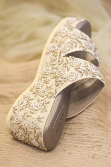 Buy_Around Always_Gold Pearls, Zari Gulshan Embroidered Wedges _Online_at_Aza_Fashions
