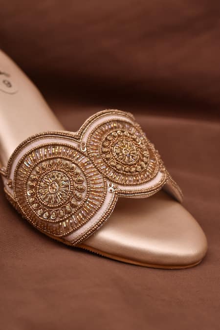 Shop Around Always Gold Cut Work, Beads Jewel Scallop Embroidered Heels Online at Aza Fashions Shop_Around Always_Gold Cut Work, Beads Jewel Scallop Embroidered Heels _Online_at_Aza_Fashions