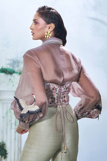 Shop Label Ankush Jain Purple Organza, Silk Embroidery Collared Crane Sleeve Shirt And Pant Set at Aza Fashions Shop_Label Ankush Jain_Purple Organza, Silk Embroidery Collared Crane Sleeve Shirt And Pant Set _at_Aza_Fashions