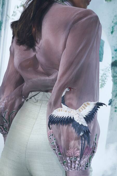 Label Ankush Jain Purple Organza, Silk Embroidery Collared Crane Sleeve Shirt And Pant Set Online at Aza Fashions Label Ankush Jain_Purple Organza, Silk Embroidery Collared Crane Sleeve Shirt And Pant Set _Online_at_Aza_Fashions