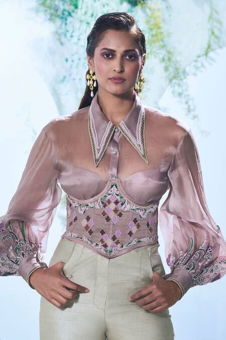 Buy Label Ankush Jain Purple Organza, Silk Embroidery Collared Crane Sleeve Shirt And Pant Set Online at Aza Fashions Buy_Label Ankush Jain_Purple Organza, Silk Embroidery Collared Crane Sleeve Shirt And Pant Set _Online_at_Aza_Fashions