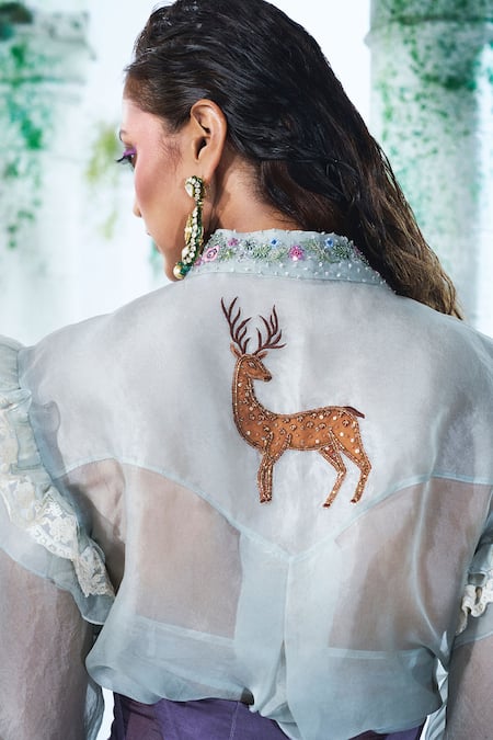Shop Label Ankush Jain Blue Silk Organza, Modal, Satin Applique, Embroidery Deer Shirt And Pant Set at Aza Fashions Shop_Label Ankush Jain_Blue Silk Organza, Modal, Satin Applique, Embroidery Deer Shirt And Pant Set _at_Aza_Fashions