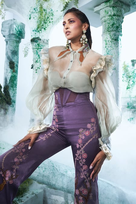 Label Ankush Jain Blue Silk Organza, Modal, Satin Applique, Embroidery Deer Shirt And Pant Set Online at Aza Fashions Label Ankush Jain_Blue Silk Organza, Modal, Satin Applique, Embroidery Deer Shirt And Pant Set _Online_at_Aza_Fashions