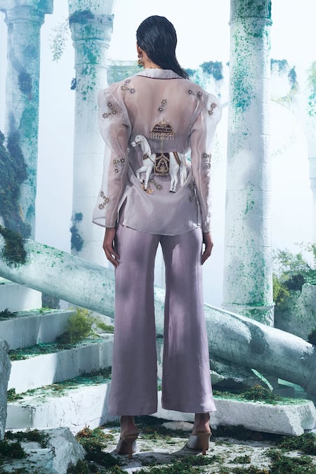 Shop Label Ankush Jain Purple Organza, Cotton, Denim Zari, Applique, Horse Embroidered Blazer Set at Aza Fashions Shop_Label Ankush Jain_Purple Organza, Cotton, Denim Zari, Applique, Horse Embroidered Blazer Set _at_Aza_Fashions