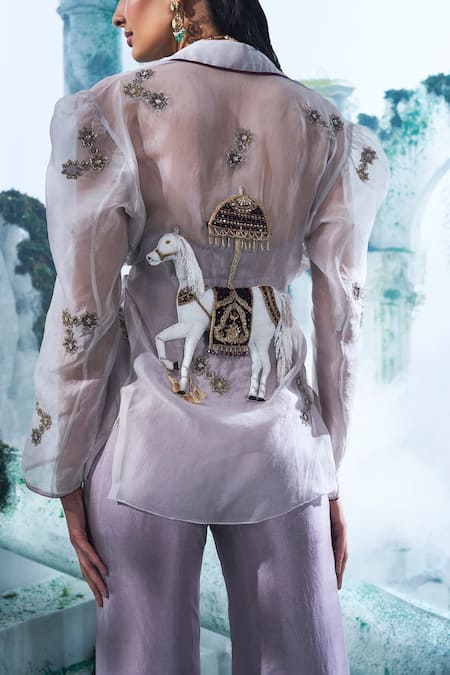 Label Ankush Jain Purple Organza, Cotton, Denim Zari, Applique, Horse Embroidered Blazer Set Online at Aza Fashions Label Ankush Jain_Purple Organza, Cotton, Denim Zari, Applique, Horse Embroidered Blazer Set _Online_at_Aza_Fashions