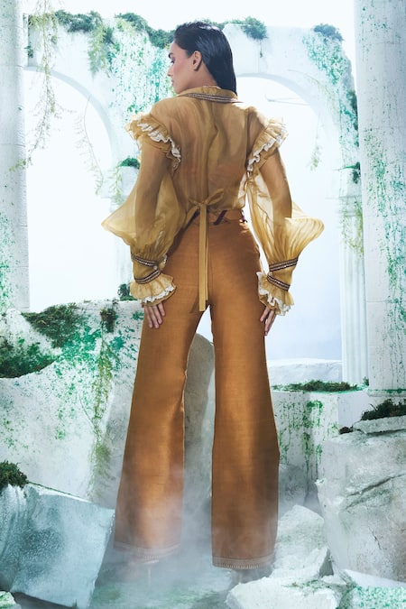 Label Ankush Jain Yellow Organza, Silk Applique, Embroidery, Zari Collared, Round Shirt And Pant Set Online at Aza Fashions Label Ankush Jain_Yellow Organza, Silk Applique, Embroidery, Zari Collared, Round Shirt And Pant Set _Online_at_Aza_Fashions