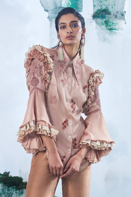 Label Ankush Jain_Peach Modal, Silk Diamonds, Embroidery Grid Ruffle Shirt And Flared Pant Set _Online_at_Aza_Fashions