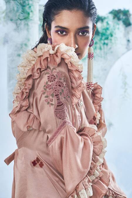 Buy_Label Ankush Jain_Peach Modal, Silk Diamonds, Embroidery Grid Ruffle Shirt And Flared Pant Set _Online_at_Aza_Fashions