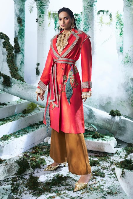 Label Ankush Jain Multi Color Trench Coat Pure Raw Silk Embroidery Peacock Russian Set 