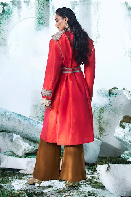 Shop Label Ankush Jain Multi Color Silk Zari, Diamonds Russian Peacock Embroidered Trench Coat Set at Aza Fashions Shop_Label Ankush Jain_Multi Color Silk Zari, Diamonds Russian Peacock Embroidered Trench Coat Set _at_Aza_Fashions