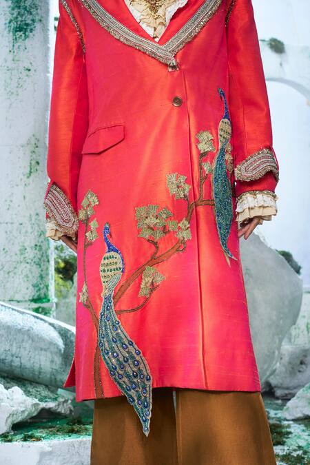 Label Ankush Jain Multi Color Silk Zari, Diamonds Russian Peacock Embroidered Trench Coat Set Online at Aza Fashions Label Ankush Jain_Multi Color Silk Zari, Diamonds Russian Peacock Embroidered Trench Coat Set _Online_at_Aza_Fashions