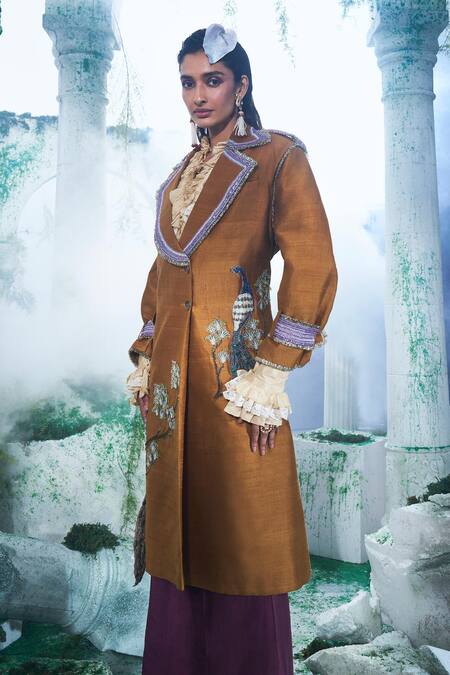 Buy_Label Ankush Jain_Mustard Silk, Chiffon Embroidery Collared Deep Trench Coat Set _Online_at_Aza_Fashions