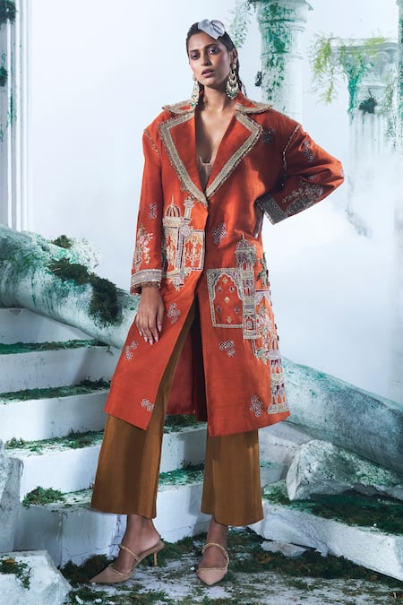 Label Ankush Jain Orange Trench Coat Pure Raw Silk Embroidery Resham Notched Chandelier Set 