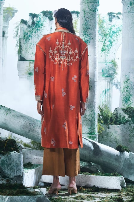 Shop Label Ankush Jain Orange Silk, Cotton Embroidery Collared Chandelier Trench Coat Set at Aza Fashions Shop_Label Ankush Jain_Orange Silk, Cotton Embroidery Collared Chandelier Trench Coat Set _at_Aza_Fashions