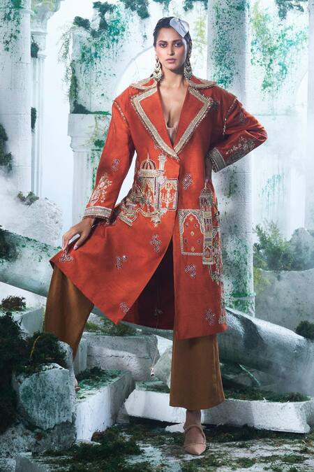 Buy Label Ankush Jain Orange Silk, Cotton Embroidery Collared Chandelier Trench Coat Set Online at Aza Fashions Buy_Label Ankush Jain_Orange Silk, Cotton Embroidery Collared Chandelier Trench Coat Set _Online_at_Aza_Fashions