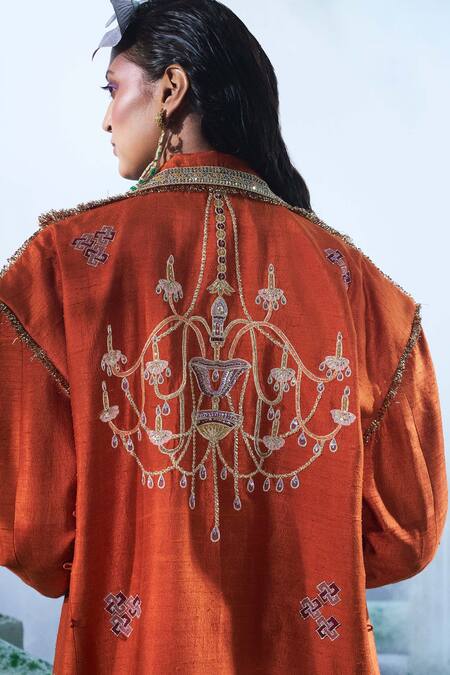 Shop Label Ankush Jain Orange Silk, Cotton Embroidery Collared Chandelier Trench Coat Set Online at Aza Fashions Shop_Label Ankush Jain_Orange Silk, Cotton Embroidery Collared Chandelier Trench Coat Set _Online_at_Aza_Fashions