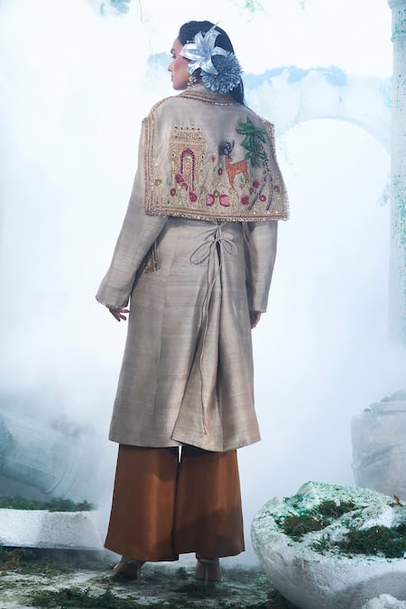 Shop_Label Ankush Jain_Beige Cotton, Silk Deer Castle Embroidered Trench Coat And Flared Pant Set _at_Aza_Fashions