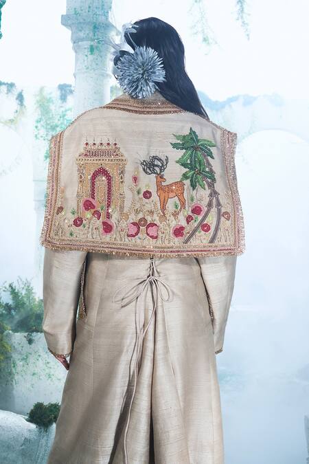 Label Ankush Jain_Beige Cotton, Silk Deer Castle Embroidered Trench Coat And Flared Pant Set _Online_at_Aza_Fashions