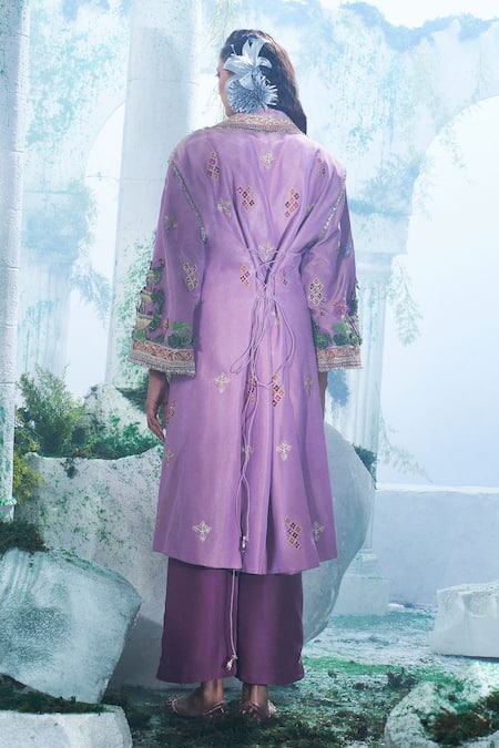 Shop_Label Ankush Jain_Purple Fountain Embroidered Trench Coat And Flared Pant Set _at_Aza_Fashions