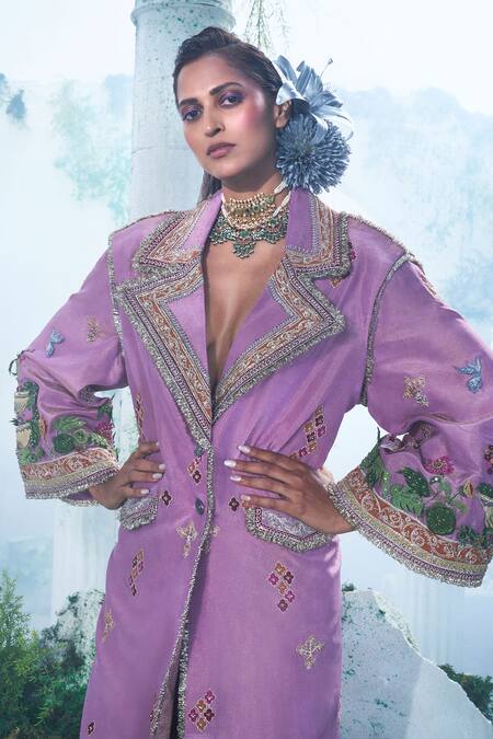 Label Ankush Jain_Purple Fountain Embroidered Trench Coat And Flared Pant Set _Online_at_Aza_Fashions