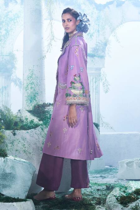 Buy_Label Ankush Jain_Purple Fountain Embroidered Trench Coat And Flared Pant Set _Online_at_Aza_Fashions