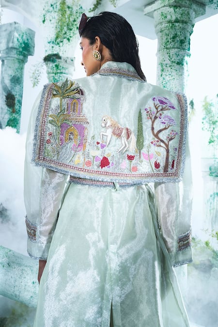 Label Ankush Jain Green Satin, Silk Embroidery, Zari, Diamonds Horse Applique Trench Coat Set Online at Aza Fashions Label Ankush Jain_Green Satin, Silk Embroidery, Zari, Diamonds Horse Applique Trench Coat Set _Online_at_Aza_Fashions