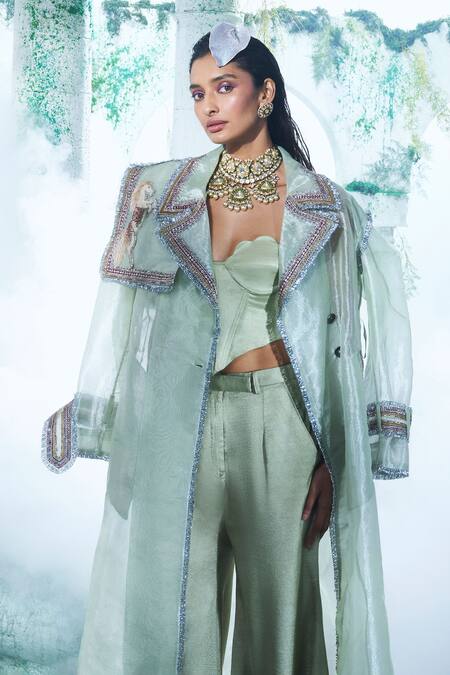 Buy Label Ankush Jain Green Satin, Silk Embroidery, Zari, Diamonds Horse Applique Trench Coat Set Online at Aza Fashions Buy_Label Ankush Jain_Green Satin, Silk Embroidery, Zari, Diamonds Horse Applique Trench Coat Set _Online_at_Aza_Fashions