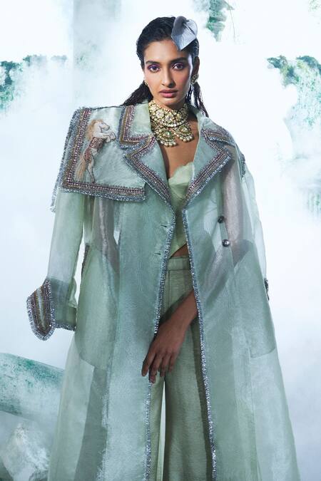 Shop Label Ankush Jain Green Satin, Silk Embroidery, Zari, Diamonds Horse Applique Trench Coat Set Online at Aza Fashions Shop_Label Ankush Jain_Green Satin, Silk Embroidery, Zari, Diamonds Horse Applique Trench Coat Set _Online_at_Aza_Fashions