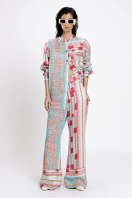 Doh Tak Keh_Red Bemberg Twill Satin Print Junction Mandarin Local Shirt_Online_at_Aza_Fashions
