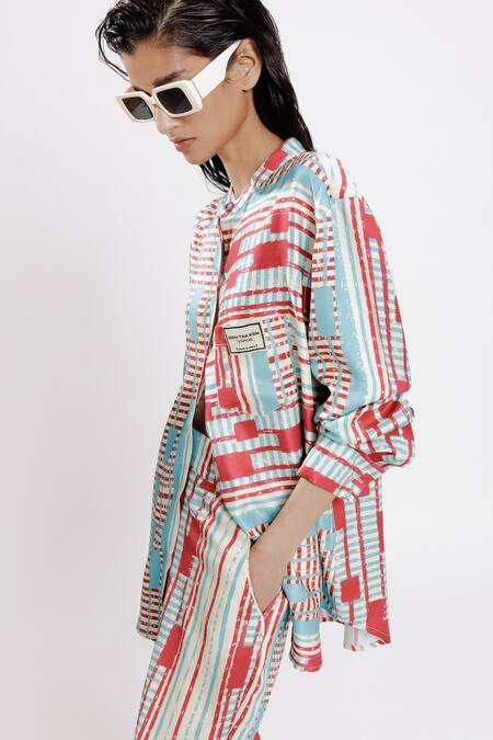 Shop_Doh Tak Keh_Red Bemberg Twill Satin Print Junction Mandarin Local Shirt_Online_at_Aza_Fashions