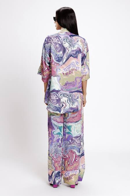 Shop Doh Tak Keh Blue Bemberg Twill Satin Print Indian Mint Collared Pan Masala Bowling Shirt at Aza Fashions Shop_Doh Tak Keh_Blue Bemberg Twill Satin Print Indian Mint Collared Pan Masala Bowling Shirt_at_Aza_Fashions