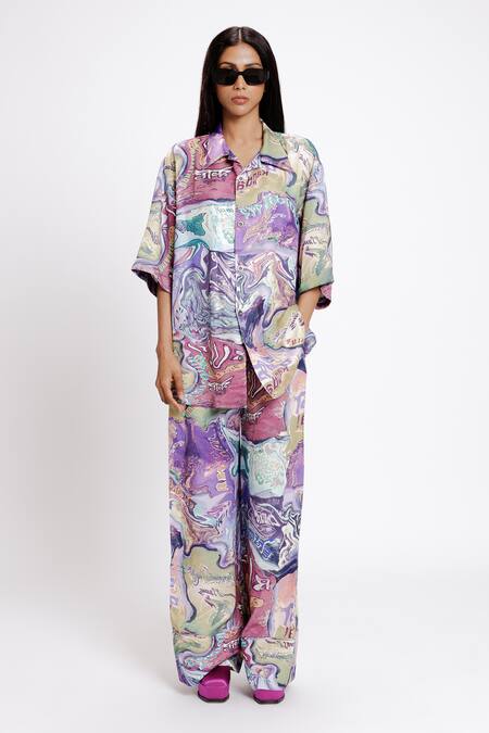 Doh Tak Keh Blue Bemberg Twill Satin Print Indian Mint Collared Pan Masala Bowling Shirt Online at Aza Fashions Doh Tak Keh_Blue Bemberg Twill Satin Print Indian Mint Collared Pan Masala Bowling Shirt_Online_at_Aza_Fashions