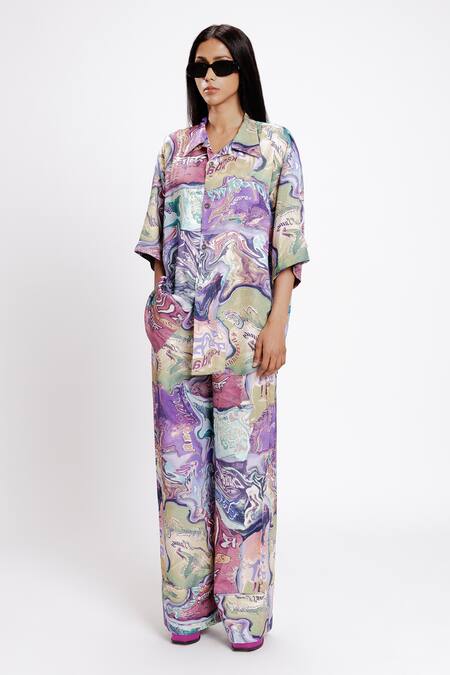 Buy Doh Tak Keh Blue Bemberg Twill Satin Print Indian Mint Collared Pan Masala Bowling Shirt Online at Aza Fashions Buy_Doh Tak Keh_Blue Bemberg Twill Satin Print Indian Mint Collared Pan Masala Bowling Shirt_Online_at_Aza_Fashions