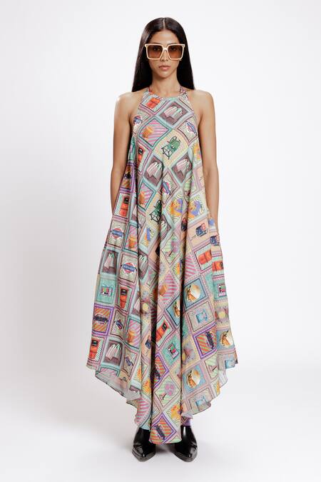 Doh Tak Keh_Multi Color Tencel Twill 156 Gsm Print Mumbai City Kaali Peeli Asymmetric Dress_Online_at_Aza_Fashions