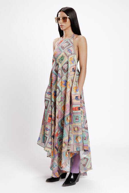 Buy_Doh Tak Keh_Multi Color Tencel Twill 156 Gsm Print Mumbai City Kaali Peeli Asymmetric Dress_Online_at_Aza_Fashions