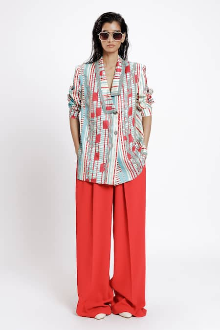 DOH TAK KEH Red Bemberg Twill Satin Print Mumbai Railway Local Embroidered Blazer 