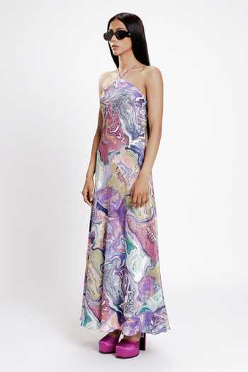 Doh Tak Keh_Blue Halter Neck Pan Masala Slip Dress_Online_at_Aza_Fashions