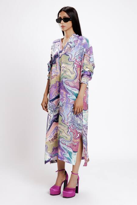 Doh Tak Keh_Blue V-neck Pan Masala Shirt Dress_Online_at_Aza_Fashions