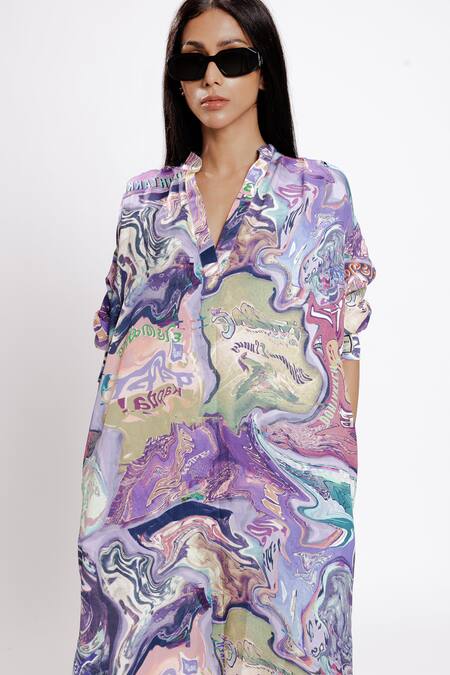 Buy_Doh Tak Keh_Blue V-neck Pan Masala Shirt Dress_Online_at_Aza_Fashions