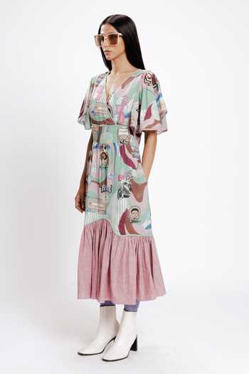Doh Tak Keh_Multi Color Rayon V-neck Filmy Bollywood Glam Print Flapper Dress_Online_at_Aza_Fashions