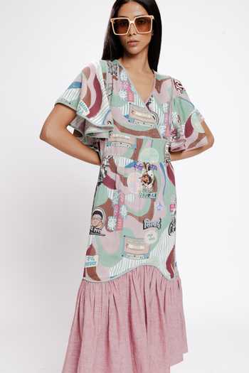 Buy_Doh Tak Keh_Multi Color Rayon V-neck Filmy Bollywood Glam Print Flapper Dress_Online_at_Aza_Fashions