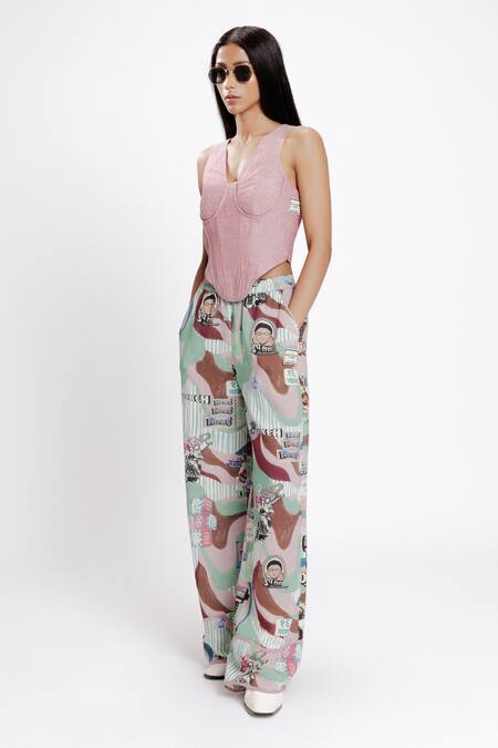 Doh Tak Keh_Multi Color Rayon Flex 130 Gsm Bollywood Glam Filmy Asymmetric Trouser_Online_at_Aza_Fashions